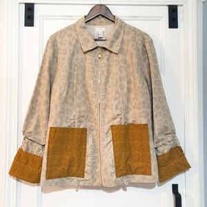 Chicos Womens 3 XL Leopard Full Zip Jacket Cotton Linen Beige Musturd Metallic
